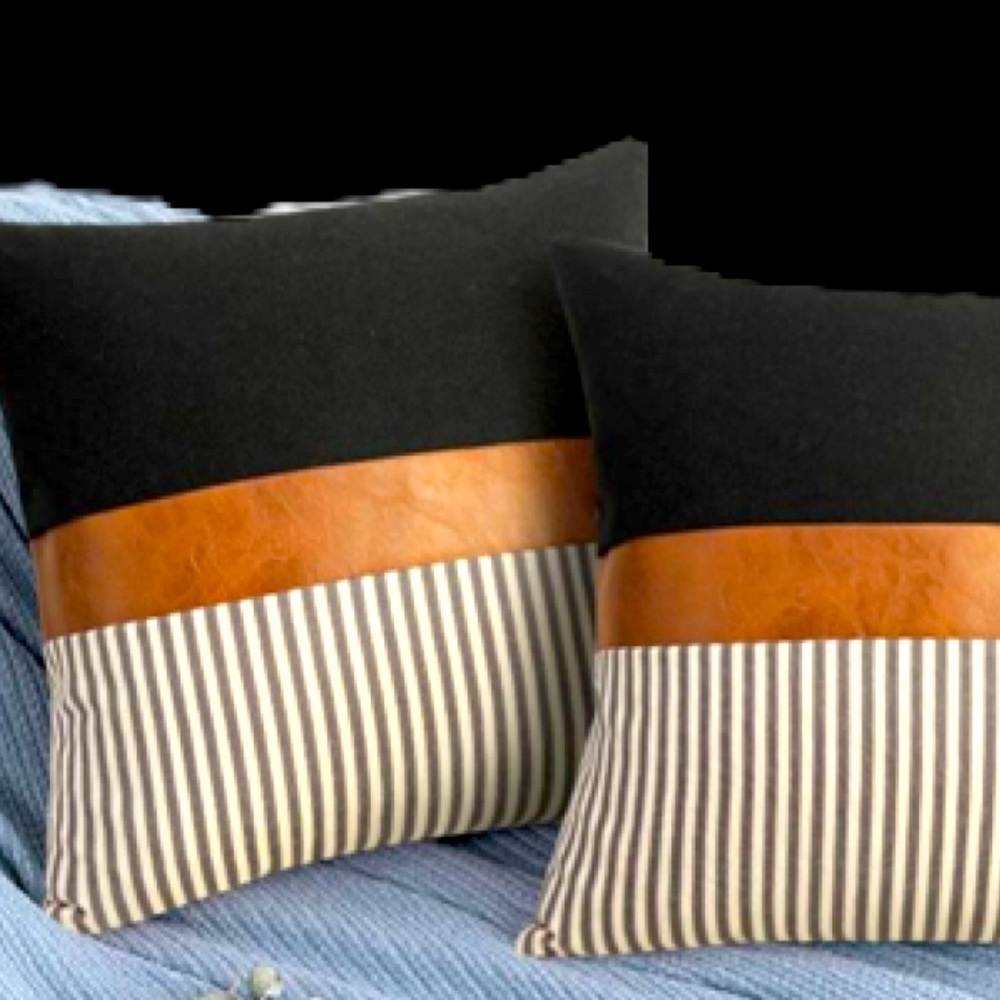 Set of 2 Faux Leather and Linen Throw Pillow Cover 12x20 with pillow insert